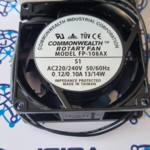 Ventilador FP-108AX-220V 0.12A 2 cables 80x80x25mm marca Commonwealth. ➨CÓDIGO: FP-108AX-220V ➨VOLTAJE: 220VDC ➨CORRIENTE: 0.12 AMP ➨POTENCIA: 14W