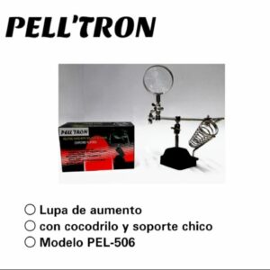 Soporte para circuitos electrónicos. – Base de Metal pesado. – Cocodrilos de ajuste regulable. – Lupa de aumento