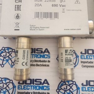 C22G20 C22G20 | Fusible BUSSMANN 22x58 gG 690V 20A Compre Fusible de cartucho cerámico Eaton, 690V ac, 20A, 22 x 58mm C22G20 Fusibles de Cartucho en JOISA ELECTRONICS SAC