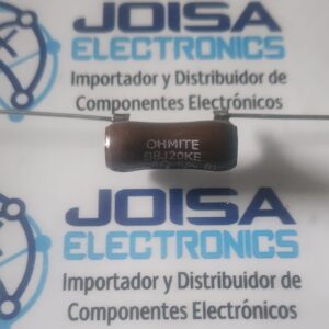B8J20KE B8J20KE es un código de pieza para un resistor de alambre enrollado de la marca Ohmite que tiene las siguientes características: resistencia de \(20K\Omega \) (\(20\) kiloohmios), potencia de \(8\) vatios, tolerancia de \(\pm 5\%\) y una configuración axial de orificio pasante Y COMERCIALIZADO POR JOISA ELECTRONICS SAC LIMA PERU