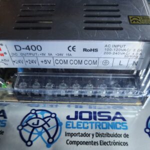 D-400 FUENTE DE ALIMENTACION CONMUTADA INPUT 100-120VAC 8.0A 200-240VAC 4.0A OUTPUT 5V 5A 24V 15A MARCA CNMW 1% /3% 400W MEDIDAS 215MMX115MMX50MM PESO 1.5KGS Y COMERCIALIZADO POR JOISA ELECTRONICS SAC LIMA PERU