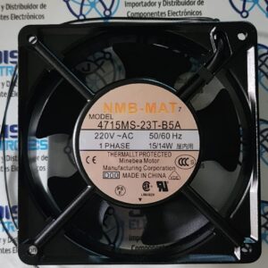 4715MS-23T-B5A 4715MS-23T-B5A El ventilador NMB-MAT 4715MS-23T-B5A es un ventilador axial de CA robusto de (estándar 12038), diseñado para refrigeración industrial y de equipos. Funciona a 230V CA, consumiendo 14/15W para generar un alto flujo de aire de hasta 102 CFM (2.9 /min) a 2900 RPM, ideal para gabinetes Y COMERCIALIZADO POR PROVEEDOR JOISA ELECTRONICS SAC LIMA PERU