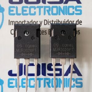 MUR3020PT TRANSISTOR Tiempo de recuperación ultrarrápido de 35 y 60 nanosegundos . Temperatura de funcionamiento de la unión: 175 °C. Capacidad de alto voltaje hasta 600 V. Baja caída de tensión directa Y COMERCIALIZADO POR JOISA ELECTRONICS SAC PROVEEDOR LIMA PERU