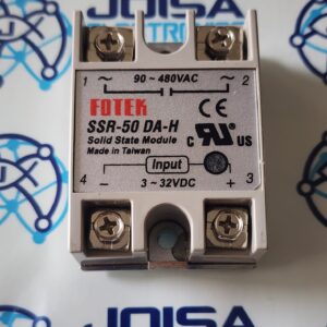 SSR-50-DA-H SSR-50-DA-H de Fotek es un relé de estado sólido (Solid State Relay) monofásico de alta capacidad, diseñado para conmutar cargas de CA (alterna) de hasta 50A con un voltaje de operación de 90-480VAC. Funciona con una señal de entrada de CC (continua) de 3-32VDC, ideal para control industrial silencioso y rápido sin partes móviles y comercializado por JOISA ELECTRONICS SAC PROVEEDOR LIMA PERU