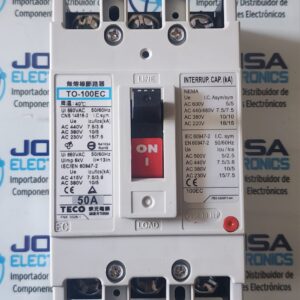 TO-100EC El interruptor automático (breaker) TECO TO-100EC es un dispositivo termomagnético de bajo voltaje diseñado para aplicaciones industriales y comerciales de 3 polos (3P). Comúnmente disponible en capacidades de 75A o 100A a 600VAC, destaca por su fiabilidad en protección de circuitos, ofreciendo variantes con manijas rotativas y altas capacidades de ruptura Y ES COMERCIALIZADO POR JOISA ELECTRONICS SAC PROVEEDOR LIMA PERU