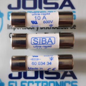 6003434.10 se refiere aun fusible cilíndrico ultrarrápido SIBA específico diseñado para la protección de semiconductoresSe utiliza ampliamente en la electrónica de potencia para proteger componentes sensibles como tiristores y diodos Y COMERCIALIZADO POR JOISA ELECTRONICS SAC PROVEEDOR LIMA PERU