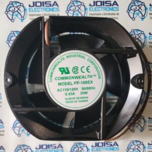 FP-108EX-110V El FP-108EX-110V (específicamente el modelo FP-108EX-S1-B) es un ventilador axial industrial de la marca Commonwealth Industrial Corporation. Se distingue por su forma ovalada y su alta capacidad de flujo de aire para equipos que operan a 110V Y SE COMERCIALIZA EN JOISA ELECTRONICS SAC PROVEEDOR LIMA PERU