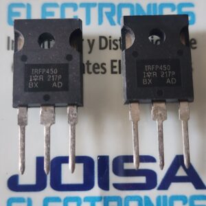 IRFP450 El IRFP450 es un transistor MOSFET de potencia de canal N, diseñado para conmutación de alta velocidad y alta tensión, ideal para aplicaciones industriales. Soporta hasta 500V y 14A, con una baja resistencia en conducción (\(R_{DS(on)} \approx 0.400 \, \Omega\)) y un encapsulado TO-247AC que maneja altas potencias (190W) Y ES COMERCIALIZADO POR JOISA ELECTRONICS SAC PROVEEDOR LIMA PERU