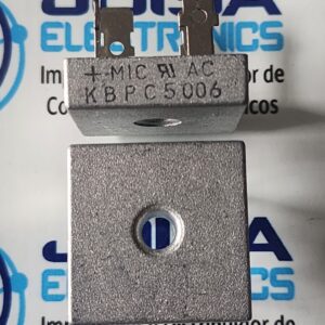 KBPC5006 El KBPC5006 es un puente rectificador de diodos monofásico de alta potencia, diseñado para convertir corriente alterna (AC) en corriente continua (DC). Es un componente muy común en fuentes de alimentación industriales, cargadores de baterías y sistemas de automatización Y SE COMERCIALIZA EN JOISA ELECTRONICS SAC PROVEEDOR LIMA PERU