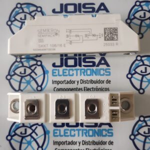 SKKT106/16E El SKKT106/16E es un módulo de potencia de tiristores dobles (SCR) de la serie SEMIPACK 1, fabricado originalmente por Semikron Danfoss. Se utiliza comúnmente para el control de motores de CD, arrancadores suaves de CA y regulación de temperatura en procesos industriales Y COMERCIALIZADO POR JOISA ELECTRONICS SAC PROVEEDOR LIMA PERU