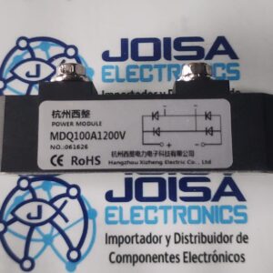 MDQ100A1200 El MDQ100A1200V es un módulo rectificador de diodos monofásico(Módulo rectificador de puente monofásico). Este generador se utiliza para convertir corriente alterna (CA) en corriente continua (CC). 100A 1200V Y SE COMERCIALIZA POR JOISA ELECTRONICS SAC PROVEDOR LIMA PERU