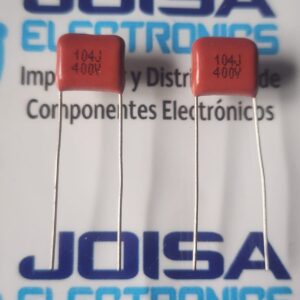 104J400V La denominación "104j400v" corresponde a un condensador electrónico con una carga de 0,1 μF (microfaradios), una tolerancia de ±5% y que puede funcionar hasta 400 voltios.. . . . Ampliando esas pocas frases introductorias, aquí está la descripción simple de cada personaje:104 (Capacidad): Esto significa cómo cargar dinámicamente. Se añaden 4 primeros 10 números , y se obtiene 100 000 pF (picofaradios). Traduciendo esto a dimensiones más amplias:0,1 µF (microfaradios)100 nF (nanofaradios) y se comercializa en JOISA ELECTRONICS SAC PROVEEDOR LIMA PERU