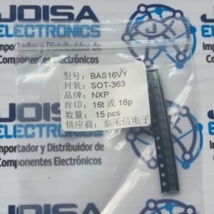 El BAS16VY es un arreglo de tres diodos de conmutación de alta velocidad e independientes, encapsulado en un paquete plástico de montaje superficial SOT-363 (SC-88 / TSSOP6) de 6 pines. Este componente, fabricado principalmente por Nexperia (anteriormente NXP Semiconductors), está diseñado para aplicaciones de conmutación general, protección contra inversión de polaridad y sujeción de voltaje (voltage clamping). y se comercializa en JOISA ELECTRONICS SAC PROVEEDOR LIMA PERU