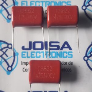 CBB22 475J400V El CBB22 475J400V es un condensador de película de polipropileno metalizado con una capacitancia de 4.7 µF (4700 nF) y un voltaje máximo de 400V.Especificaciones PrincipalesTipo: Película de polipropileno metalizado (CBB22)Capacitancia: 4.7 µF (475 = 47 + 5 ceros en pF = 4,700,000 pF)Tolerancia: J = ±5% y se comercializa en JOISA ELECTRONICS SAC PROVEEDOR LIMA PERU