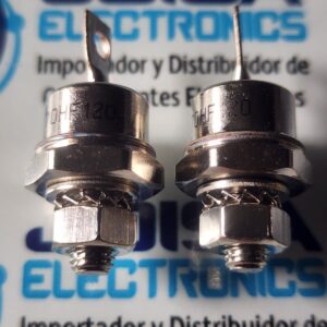 70HF120 El 70HF120 es un diodo rectificador de potencia de recuperación estándar con montaje tipo tornillo (perno), ampliamente utilizado en cargadores de baterías, fuentes de alimentación, convertidores y controles de máquinas herramientas Corriente Directa Nominal (\(I_{F(AV)}\)) 70 A (a temperatura de carcasa de 140 °C) Voltaje Inverso Máximo (\(V_{RRM}\)) 1200 V (1.2 kV) Caída de Voltaje Directo (\(V_{FM}\)) 1.35 V a una corriente de 220 A Corriente de Pico Transitoria (\(I_{FSM}\)) 1200 A (a 50 Hz) / 1250 A (a 60 Hz) y se comercializa en JOISA ELECTRONICS SAC PROVEEDOR LIMA PERU