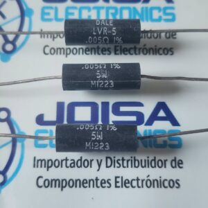 LVR-5 0.005 Ohm 5W es, unoResistencia de potencia bobinada de precisión y bajo valor. . . . Esto se utiliza principalmente para satisfacer la corriente ( detección de corriente ) en instrumentos dinámicos, transformadores y amplificadores de potencia. • Resistencia: 0,005 Ω ( 5 mOhms) • Potencia nominal: 5 vatios a 25 °C • Tolerancia: ±1% (esta es la automedición más común) y se comercializa en JOISA ELECTRONICS SAC PROVEEDOR LIMA PERU